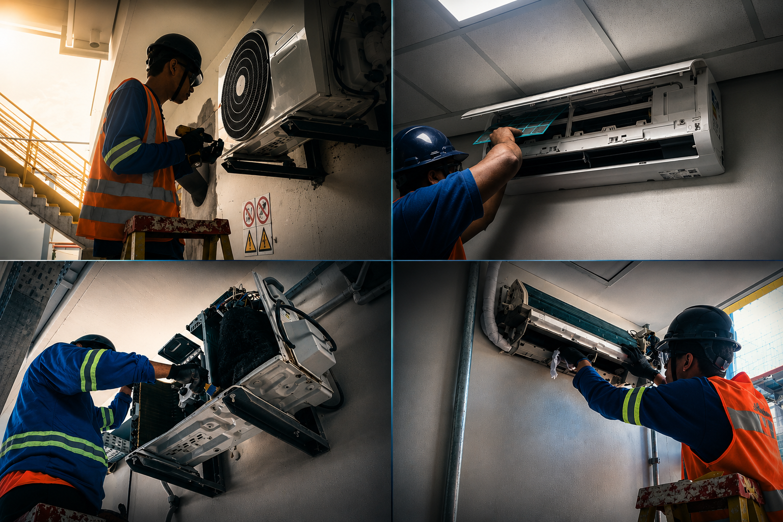 Equipe técnica EPS executando manutenção de climatizadores